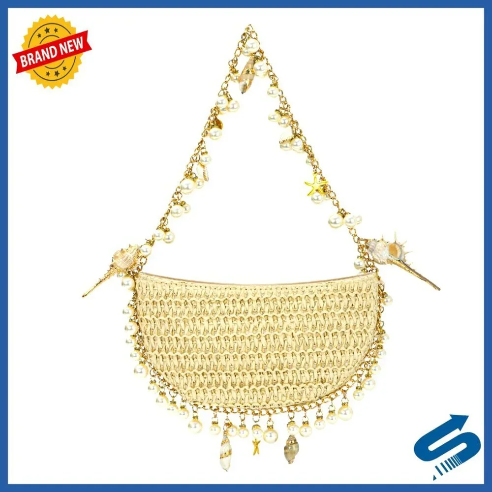 Handwoven Straw Clutch Purse with Pearl Shell Decor Boho Beach Bag